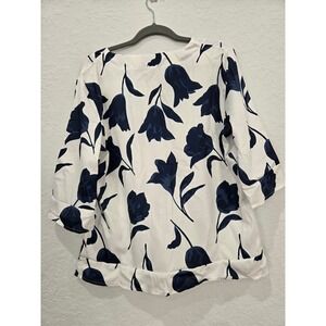 Floral Print 3/4 Sleeve Top Elegant White Blue Blouse